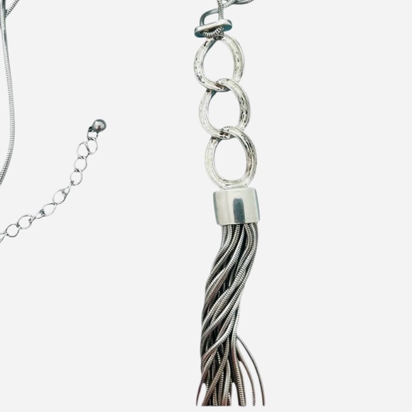 CHICO’S triple Circle Pendant Chain Tassel Silver Tone 32" Long Necklace - Picture 2 of 7